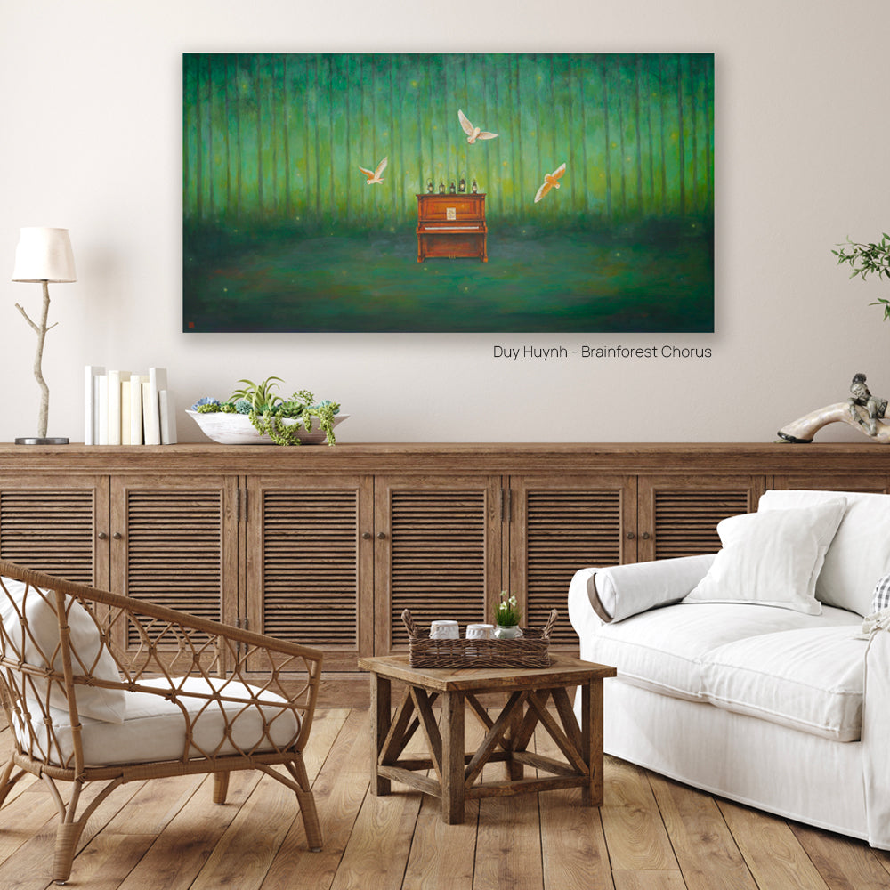 Living room with a large painting of a forest scene on the wall, featuring a piano and owls. Artwork by Duy Huynh.