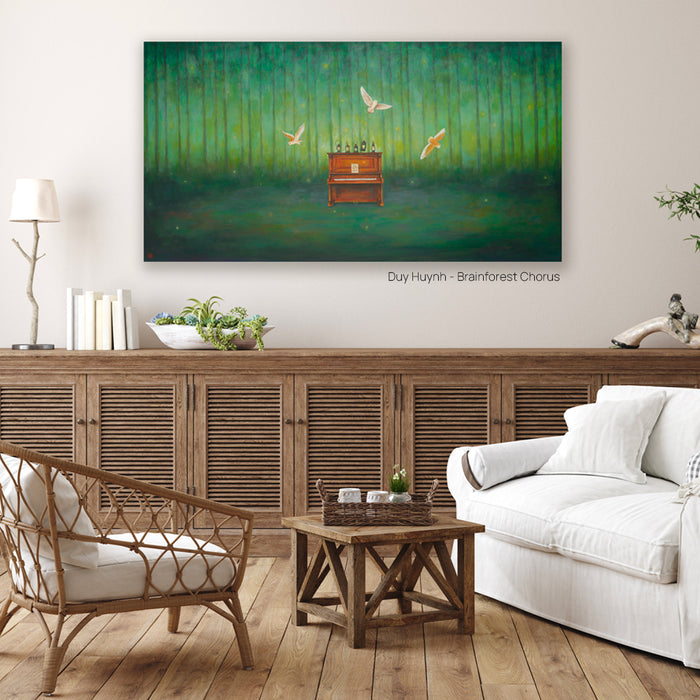 Living room with a large painting of a forest scene on the wall, featuring a piano and owls. Artwork by Duy Huynh.