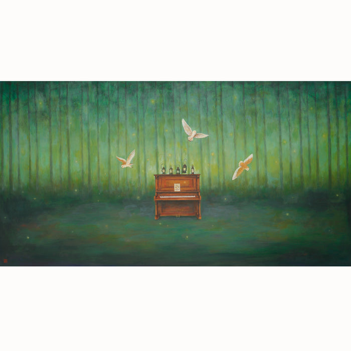 Wooden piano with lanterns on top, sitting in a forest with owls flying overhead. 