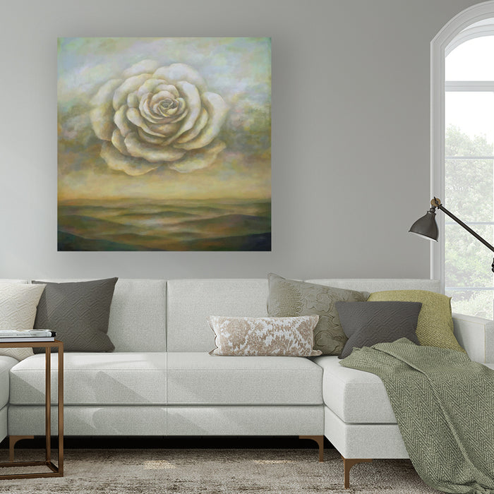 "Breathing Space" by artist Duy Huynh. A 42 x 42 x 2" acrylic on canvas painting depicting a large rose in the sky over an open landscape. Painting shown in a living room, above a sofa.
