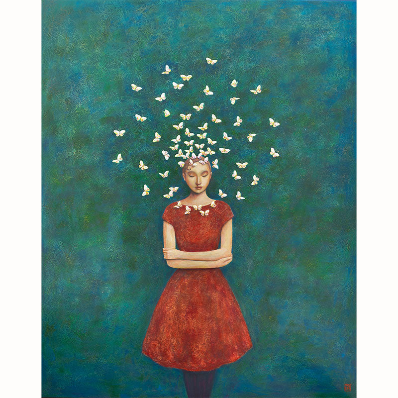 Circle of Serenity, Duy Huynh's  painting of a woman in a red dress standing with arms crossed, with a circle of  butterflies circling her head. The mottled dark teal and blue background is filled with subtle botanical textures. 