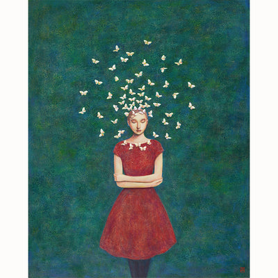 Circle of Serenity, Duy Huynh's  painting of a woman in a red dress standing with arms crossed, with a circle of  butterflies circling her head. The mottled dark teal and blue background is filled with subtle botanical textures. 