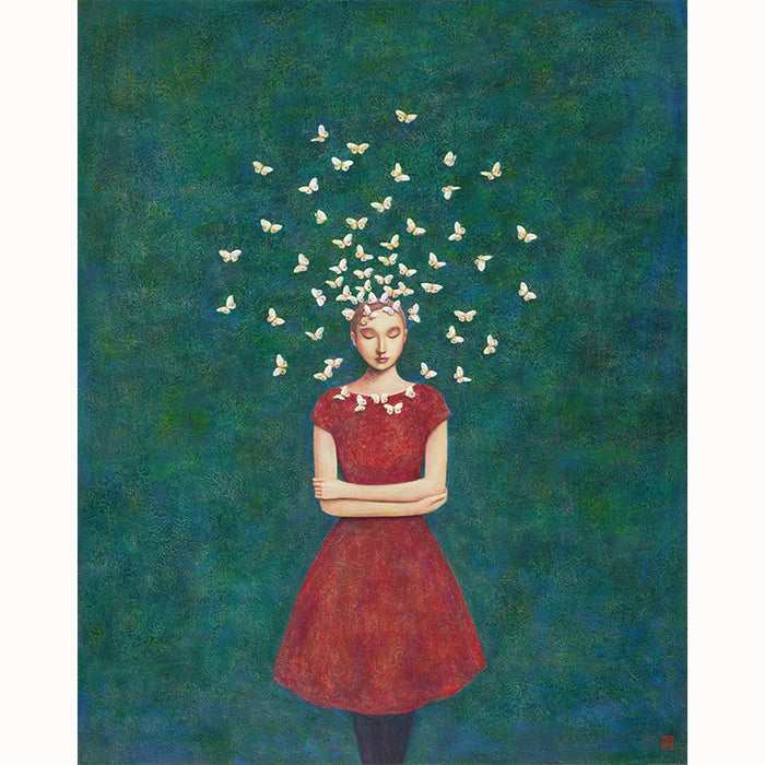 Circle of Serenity, Duy Huynh's  painting of a woman in a red dress standing with arms crossed, with a circle of  butterflies circling her head. The mottled dark teal and blue background is filled with subtle botanical textures. 