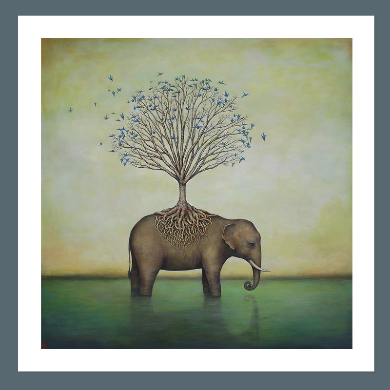 Duy Huynh's "Collective Wisdom" 12 x 12" limited edition art print on paper with 1 inch white border. An elephant stands in water, with a tree rooted on its back.  Blue paper cranes surround it.