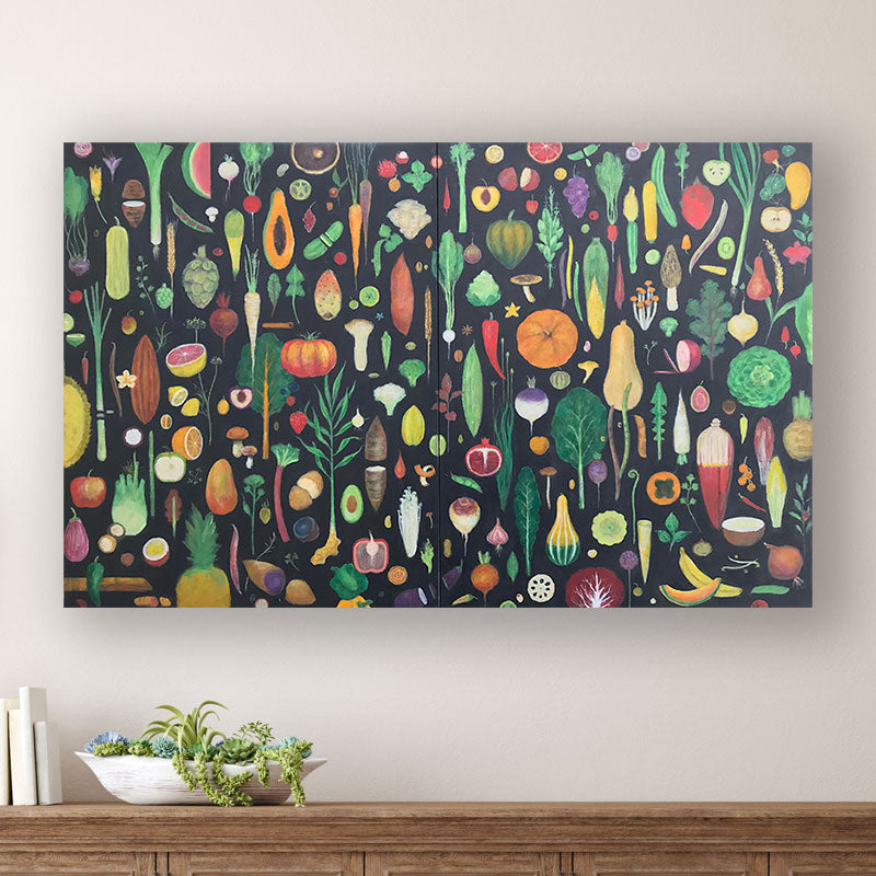 Common Ground painting by Charlotte NC based artist Duy Huynh. A diptych of various  colorful fruits and vegetables, inspired by the farmers market, on a black background. The artwork is displayed over a wood console table. 