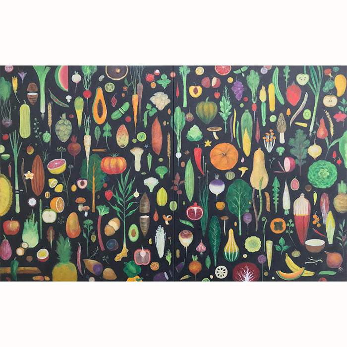 Common Ground painting by Duy Huynh. Various fruits and vegetables on a dark background.