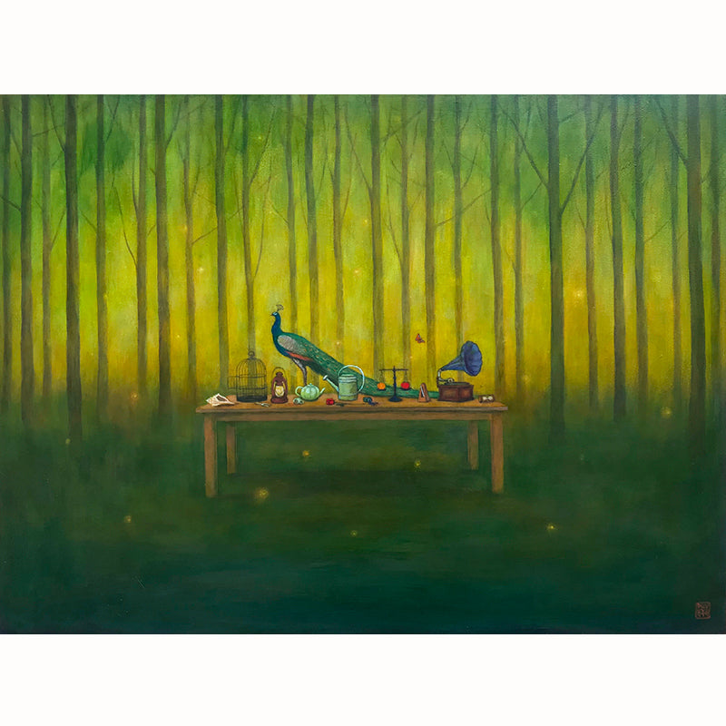 Conversation Peace / Piece painting by Duy Huynh. A dinner table sits in a forest at dusk - covered in various items such as an open bird cage, teapot, watering can, scales, gramophone and a peacock.