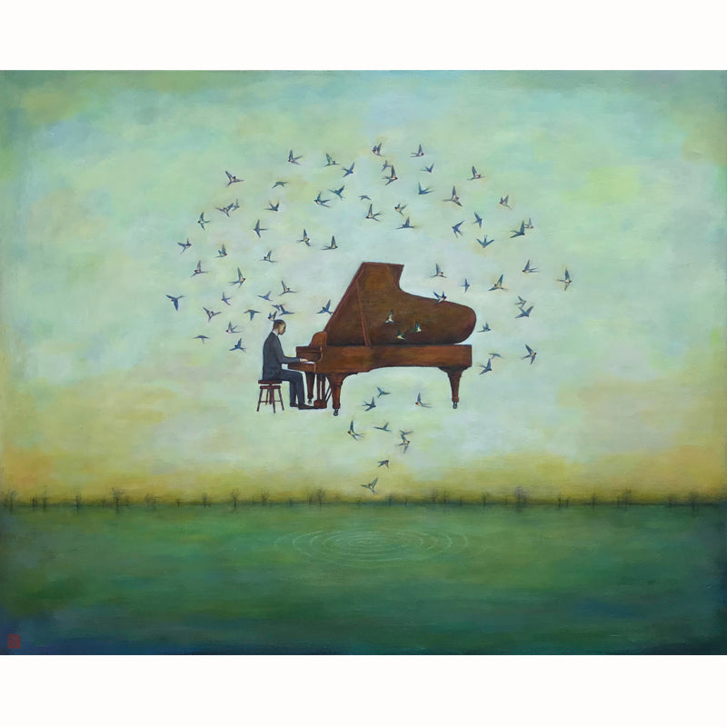 Crescendo of Memory painting by Duy Huynh, a man plays a piano floating in the sky, surrounded by swallows. 