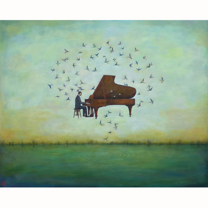 Crescendo of Memory painting by Duy Huynh, a man plays a piano floating in the sky, surrounded by swallows. 