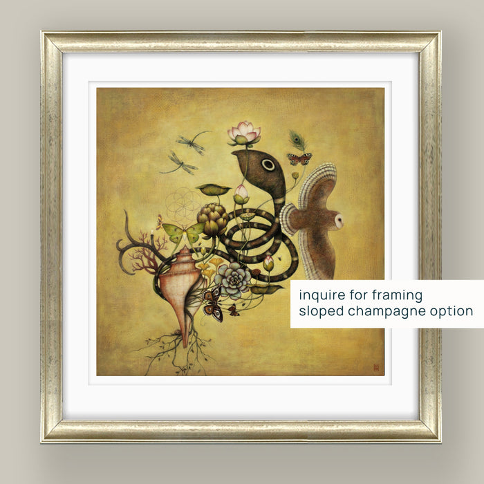 Duy Huynh's "Cycle of Seven" 12 x 12" limited edition print on paper with 1 inch white border. A flora, fauna and chakra inspired image that includes a lotus flower, barn owl, conch shell, luna moth, monocled cobra, and more. Mockup with sloped champagne frame.