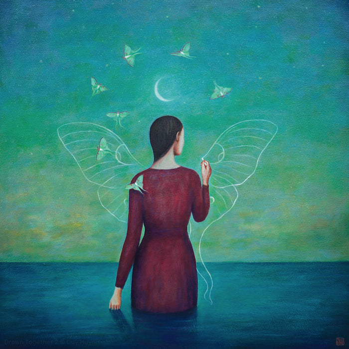 Duy Huynh "Drawn Together 2", 24 x 24 x 2.5" painting on canvas. A woman in water under a crescent moon,  surrounded by luna moths and drawing one in the sky.