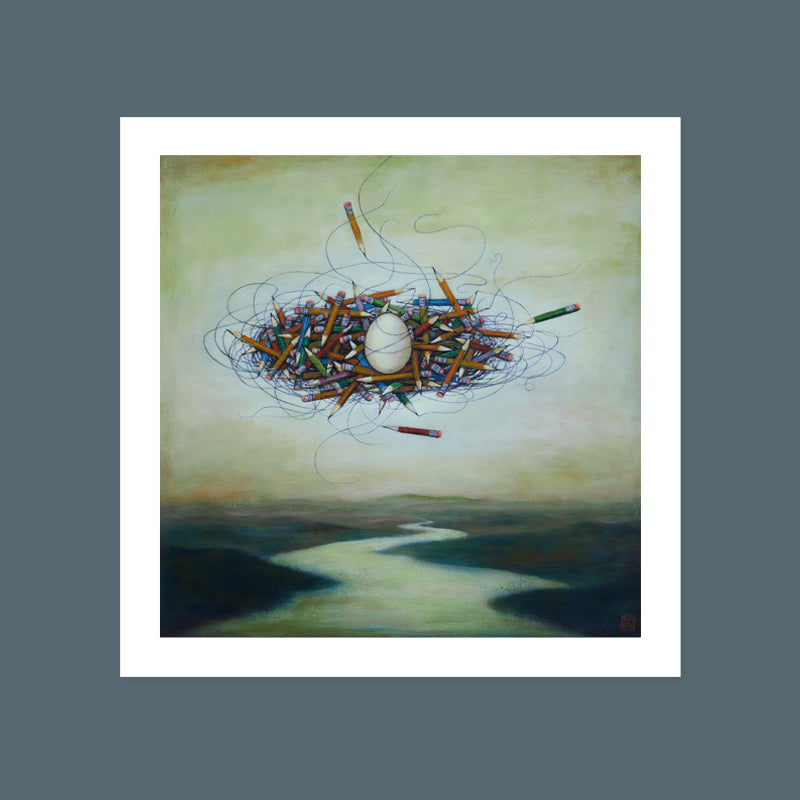 Duy Huynh's "Eggxtracuricular Studies in ResourcefulNest" 12 x 12" limited edition art print on paper with 1 inch white border.  A nest made of pencils contains a single egg, it floats in the sky above a river.