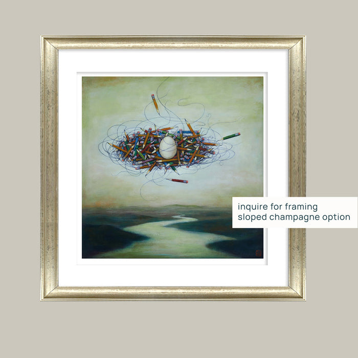 Duy Huynh's "Eggxtracuricular Studies in ResourcefulNest" 12 x 12" limited edition art print on paper with 1 inch white border.  A nest made of pencils contains a single egg, it floats in the sky above a river. Mockup with sloped champagne frame.