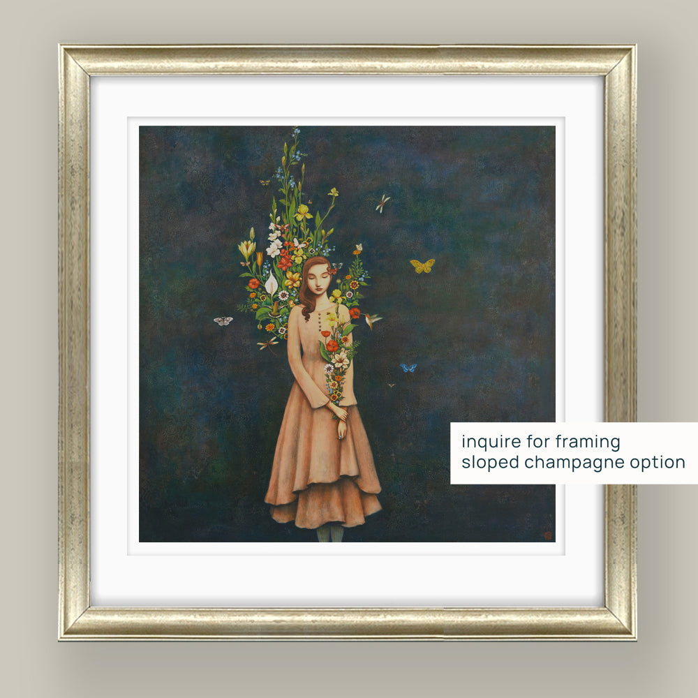 Duy Huynh's "Harvest of Memories" 12 x 12" limited edition art print on paper with 1 inch white border.  Set against a dark, textured background a woman holds a variety of flowers while more bloom around her. Hummingbirds, butterflies and dragonflies swirl around.  Mockup with sloped champagne frame.