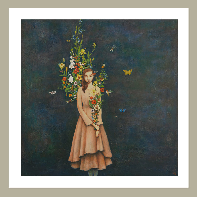 Duy Huynh's "Harvest of Memories" 12 x 12" limited edition art print on paper with 1 inch white border.  Set against a dark, textured background a woman holds a variety of flowers while more bloom around her. Hummingbirds, butterflies and dragonflies swirl around. 