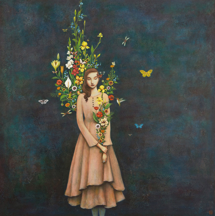 Artist print of a woman with floral elements, insects and hummingbird against a dark background.