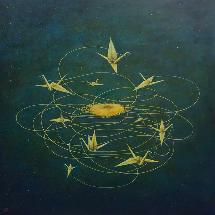 InterconnectedNest painting by Duy Huynh. Origami birds weave a golden nest in the night sky.