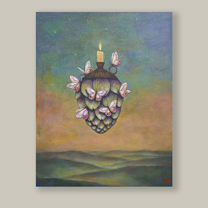 Light Hearted Companions painting by Duy Huynh. A artichoke with a candle holder and candle on top, and Andromeda satyr butterflies (known as pink phantoms). Displayed on light tan wall.