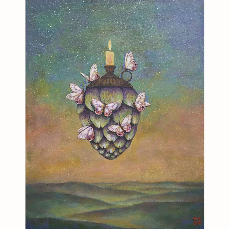 Light Hearted Companions painting by Duy Huynh. A artichoke with a candle holder and candle on top, and Andromeda satyr butterflies (known as pink phantoms). 