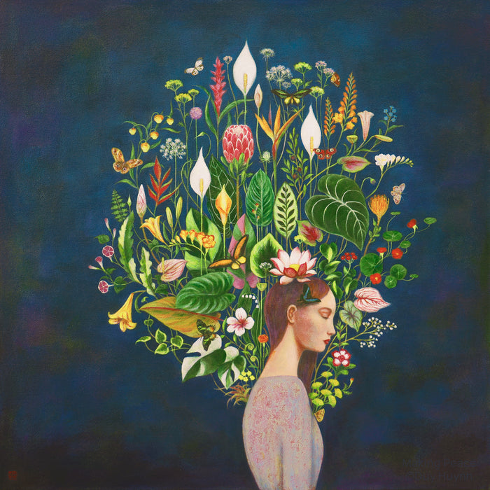 "Making Peace" by Duy Huynh, 30 x 30" acrylic painting on canvas. With a myriad of heart shaped, variegated plants and flowers this painting creates a (metaphorical) ecosystem of grace and serenity in an ever-changing world. Peacock, bird wing, and owl butterflies suggest freedom of movement, renewed vision, and a cross pollination of wisdom and wonder. Available at Lark & Key, Charlotte NC.