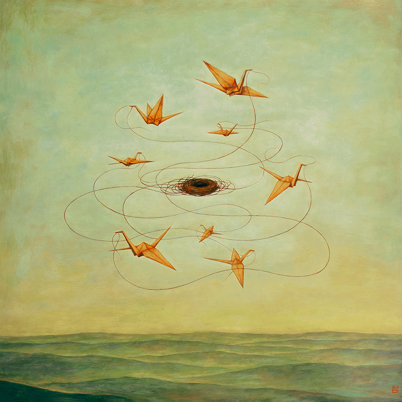 MomentariNest, a 30 x 30" surreal painting by Charlotte NC artist Duy Huynh.  Eight orange origami birds weaving a nest in a greenish yellow sky, over an open landscape. 