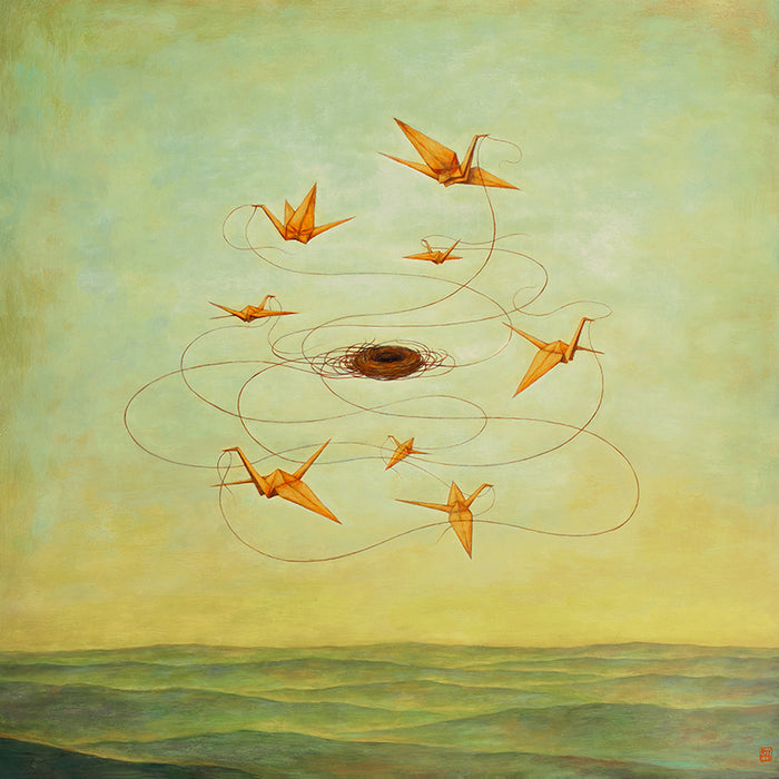MomentariNest, a 30 x 30" surreal painting by Charlotte NC artist Duy Huynh.  Eight orange origami birds weaving a nest in a greenish yellow sky, over an open landscape. 