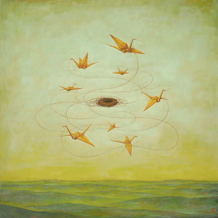 MomentariNest, a 30 x 30" surreal painting by Charlotte NC artist Duy Huynh.  Eight orange origami birds weaving a nest in a greenish yellow sky, over an open landscape. 