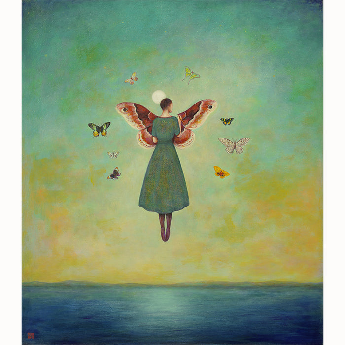 Mythmaker painting by Charlotte NC artist Duy Huynh. Surreal painting of a woman floating above the ocean under a full moon, she is painting large moth wings in the sky and is surrounded by a circle of various moths.