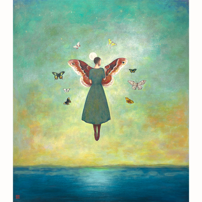 Mythmaker painting by Charlotte NC artist Duy Huynh. Surreal painting of a woman floating above the ocean under a full moon, she is painting large moth wings in the sky and is surrounded by a circle of various moths.