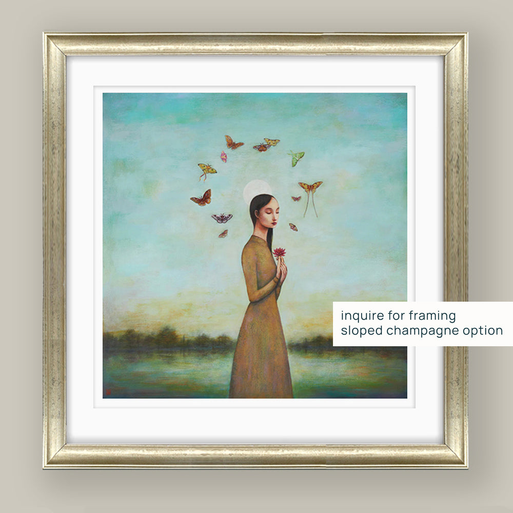 Duy Huynh's "Night Bloom" 12 x 12" limited edition print on paper with 1 inch white border (artist proof). A woman holds a water lily under a full moon at dusk with moths swirling overhead. Mockup with sloped champagne frame.