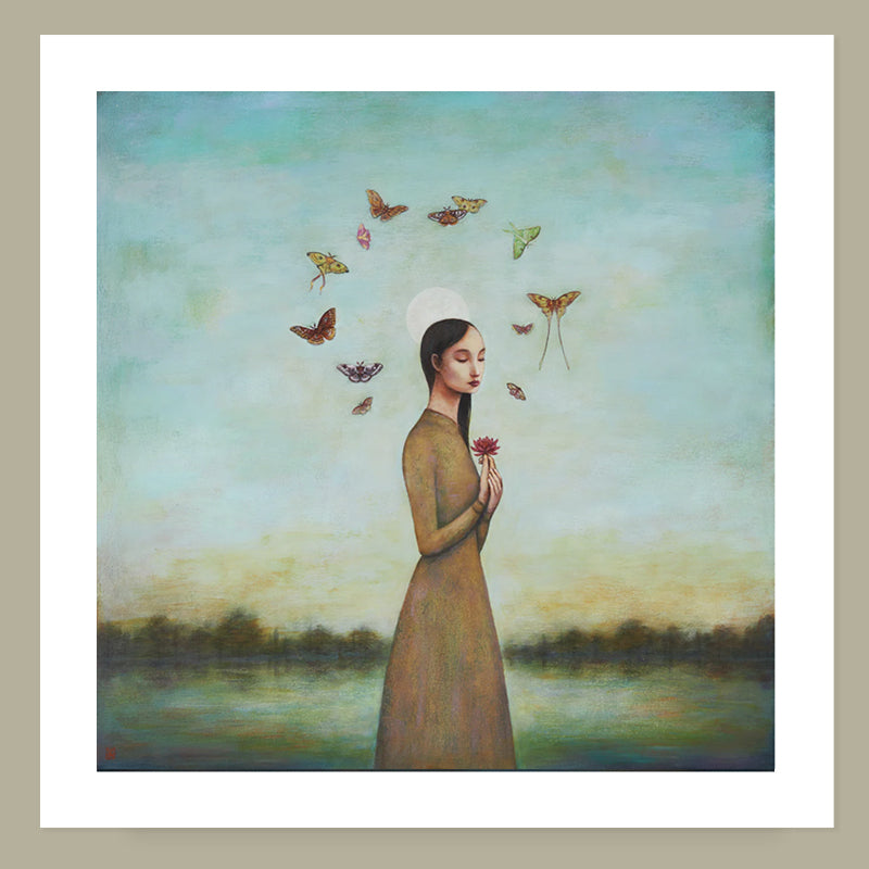 Duy Huynh's "Night Bloom" 12 x 12" limited edition print on paper with 1 inch white border (artist proof). A woman holds a water lily under a full moon at dusk with moths swirling overhead. 