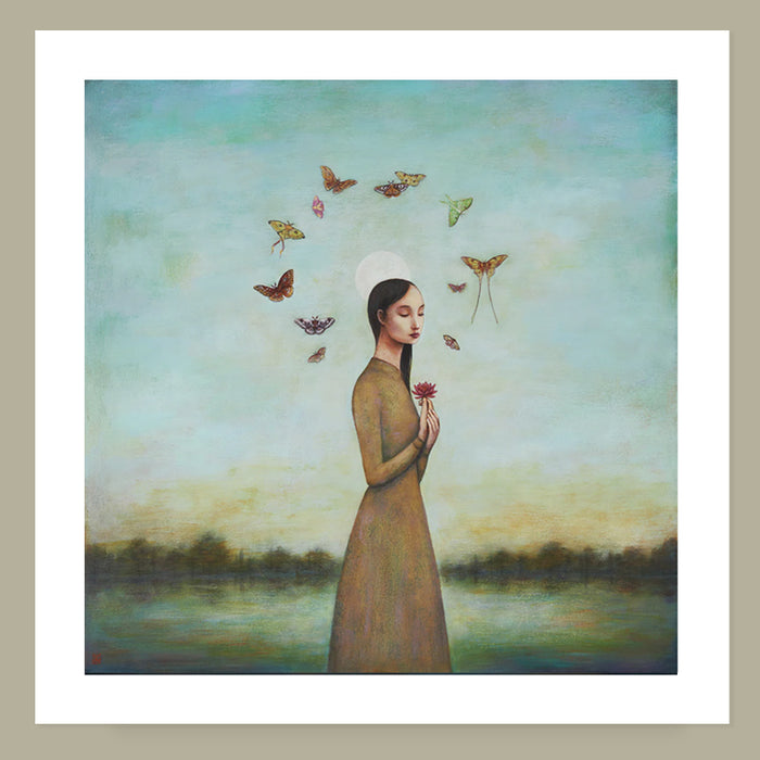 Duy Huynh's "Night Bloom" 12 x 12" limited edition print on paper with 1 inch white border (artist proof). A woman holds a water lily under a full moon at dusk with moths swirling overhead. 