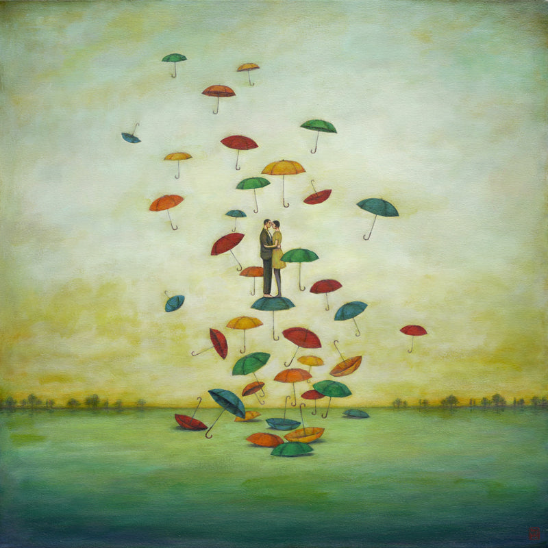Duy Huynh's No Matter the Weather, a surreal, relationship themed painting featuring a couple embracing, standing on and surrounded by an array of colorful umbrellas above a body of water.