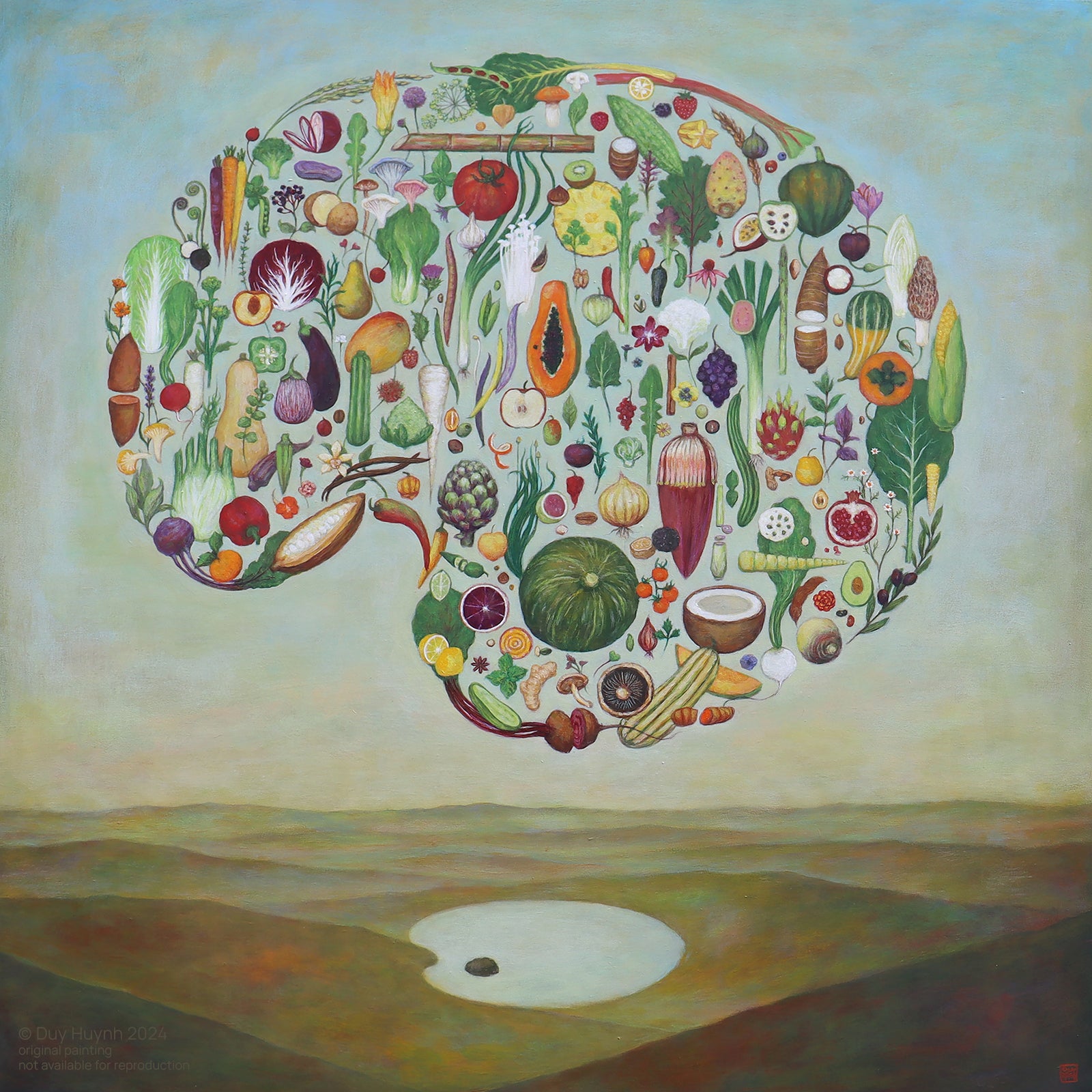 Artist Duy Huynh 's painting called "Palate to Palette". A brain shaped form comprised of fruits and vegetables floats over an open landscape with a lake shaped like an artist's palette. This painting is a nod to farmers and farmer's markets and the visual appeal of food. Available at Lark & Key, Charlotte NC.