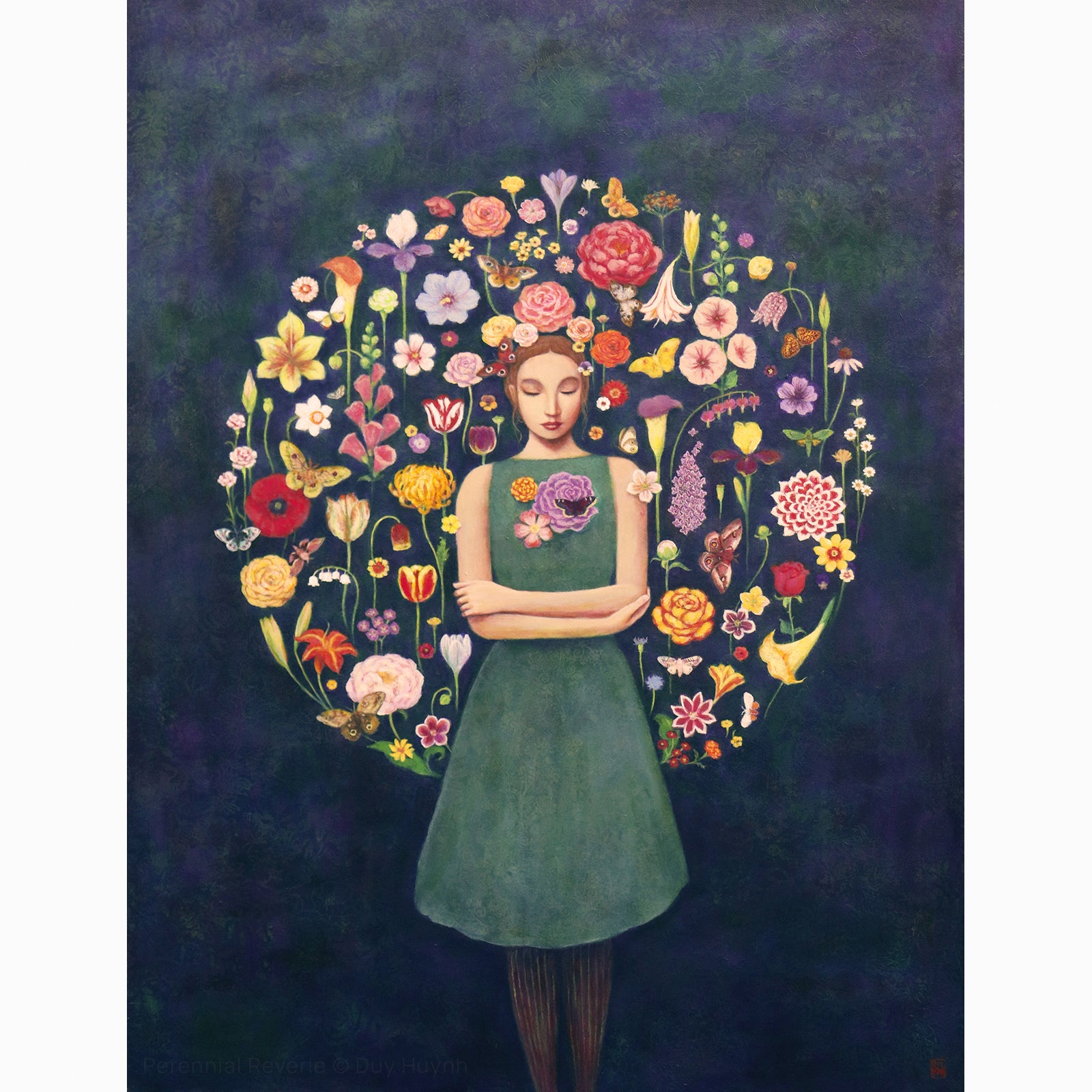 Duy Huynh's "Perennial Reverie" painting featuring a woman surrounded by a circle of colorful perennial flowers.