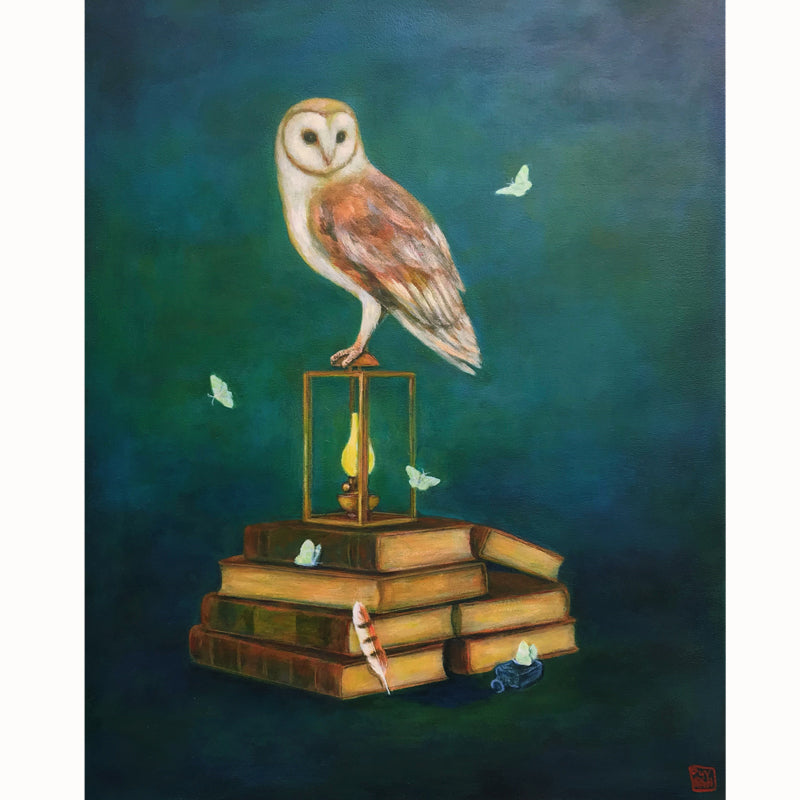 Duy Huynh's "Progress Over Perfection" 10 x 8" limited edition art print on paper. A barn owl is perched atop a lantern that sits on a stack of books. Moths flutter about the dark background. 