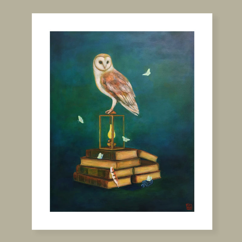 Duy Huynh's "Progress Over Perfection" 10 x 8" limited edition art print on paper with 1 inch white border. A barn owl is perched atop a lantern that sits on a stack of books. Moths flutter about the dark background. 