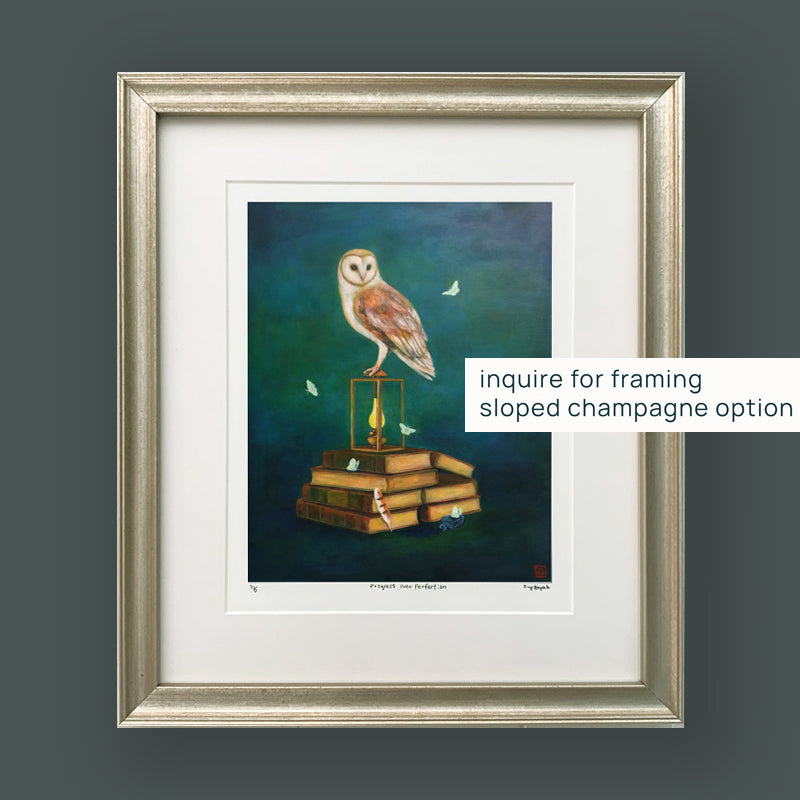 Duy Huynh's "Progress Over Perfection" 10 x 8" limited edition art print on paper with 1 inch white border. A barn owl is perched atop a lantern that sits on a stack of books. Moths flutter about the dark background. Shown in champagne frame on dark wall.
