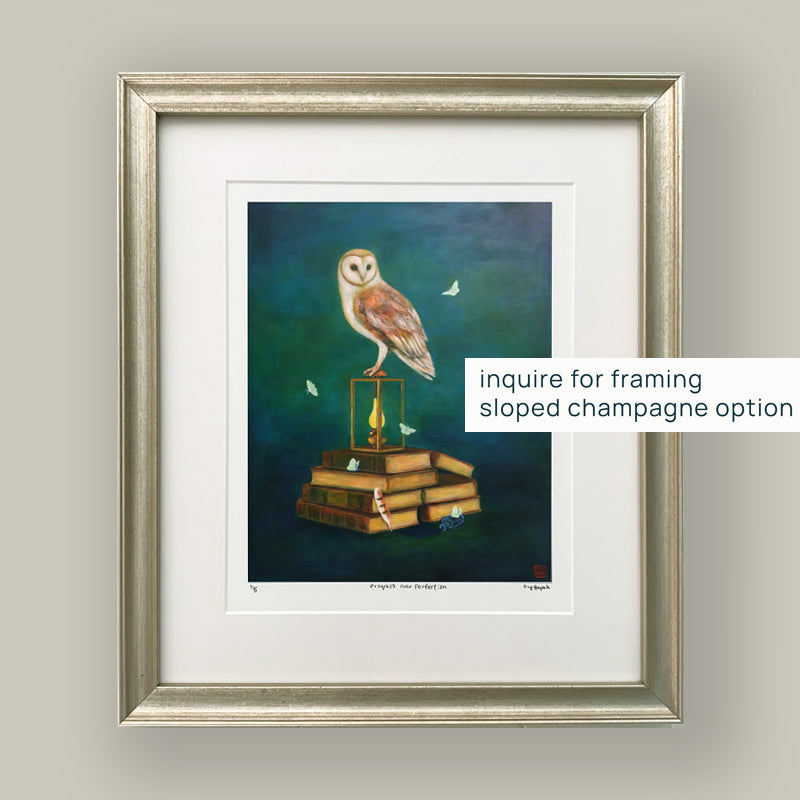 Duy Huynh's "Progress Over Perfection" 10 x 8" limited edition art print on paper with 1 inch white border. A barn owl is perched atop a lantern that sits on a stack of books. Moths flutter about the dark background. Shown in champagne frame on light wall.