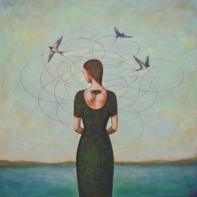 Recalibration Collaboration (Habitattoo series) painting by Duy Huynh, depicting a woman standing by the water, surrounded by three swallows weaving a nest that appears to be a tattoo on her back. 