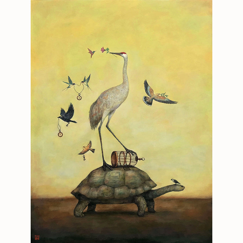 Reminder to Be Kinder painting by Duy Huynh. This painting pictures a variety of birds as messengers and a Galapagos tortoise. 