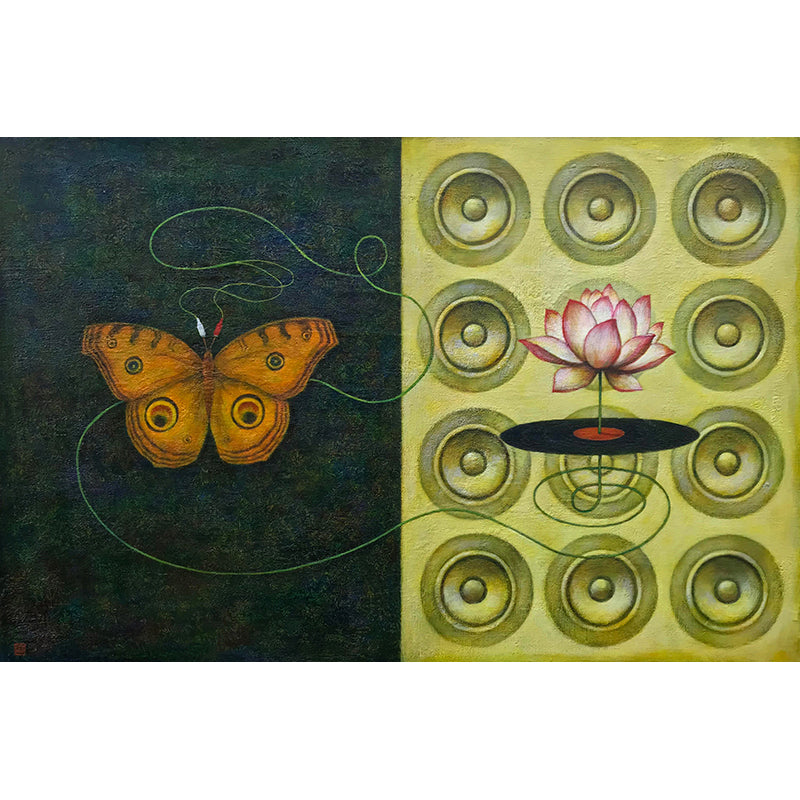 "Rhythmic Equanimity" by artist Duy Huynh. A 24 x 36 x 2.5" acrylic on wood music inspired painting. An orange peacock butterfly is on one half, with a dark textured background Speakers, a record and lotus flower on the opposite side. Cords connect the butterfly and lotus.