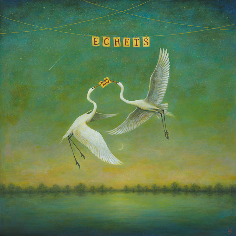River of No Regrets, Duy Huynh's acrylic  painting of two white egrets ripping apart the letter R. The green and yellow landscape features a starry night sky. A line of letters clipped on a line above with the word 'EGRETS' remaining. 