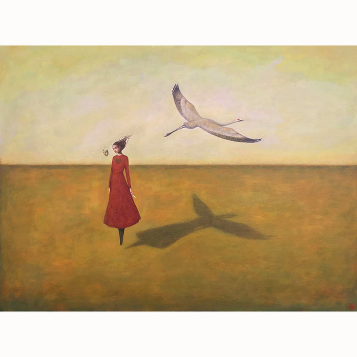 Second Wind painting by Duy Huynh, featuring a woman and a crane.