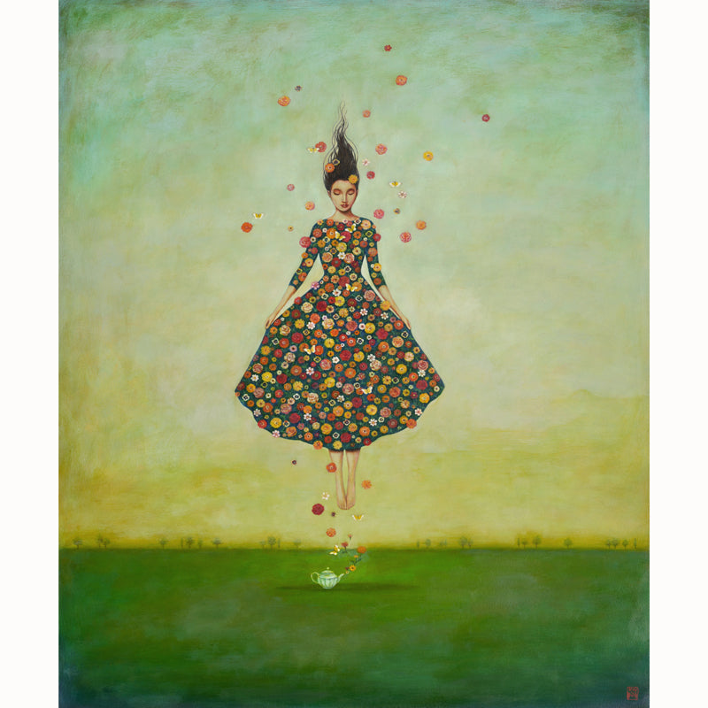 Duy Huynh's SereniTea, a surreal painting of a woman floating in mid-air wearing a dark dress covered in colorful flowers, set against a green and yellow sky. The flowers flow from a teapot on the ground, just below her feet. 