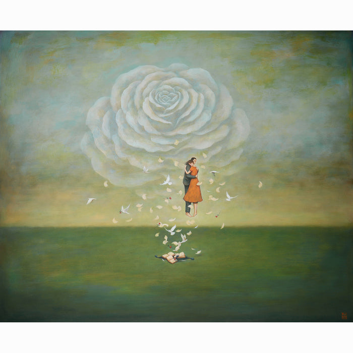 Artist Duy Huynh 's painting called "Language". A couple embraces, floating above the ground with open books below. Book pages float up, along with white birds and roses. A large white rose forms a backdrop in the sky behind them. Available at Lark & Key, Charlotte NC.