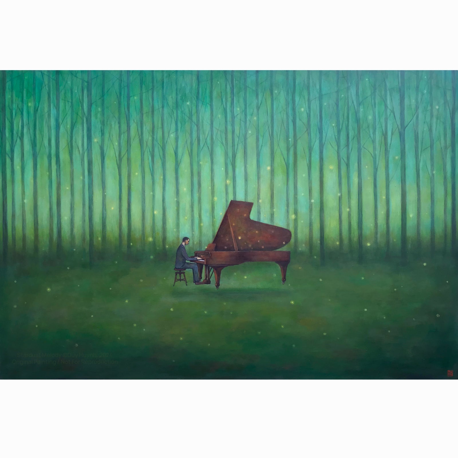 Artist Duy Huynh 's painting called "Stardust Melody". A man plays a floating piano in the forest surrounded by fireflies. Available at Lark & Key, Charlotte NC.