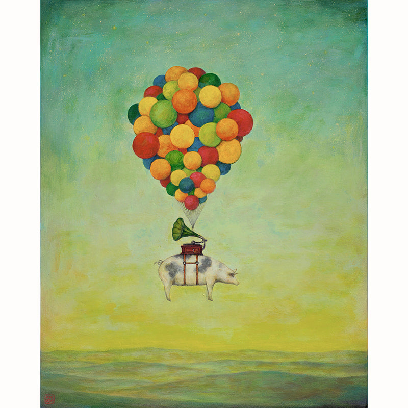 Suspension of Disbelief painting by Charlotte NC artist Duy Huynh. Surreal artwork of a pig, with a gramophone on its back, being carried through the sky by a cluster of colorful balloons. The background is a dreamy gradient sky transitioning from teal-blue to warm yellow and dark green mountain landscape below. 
