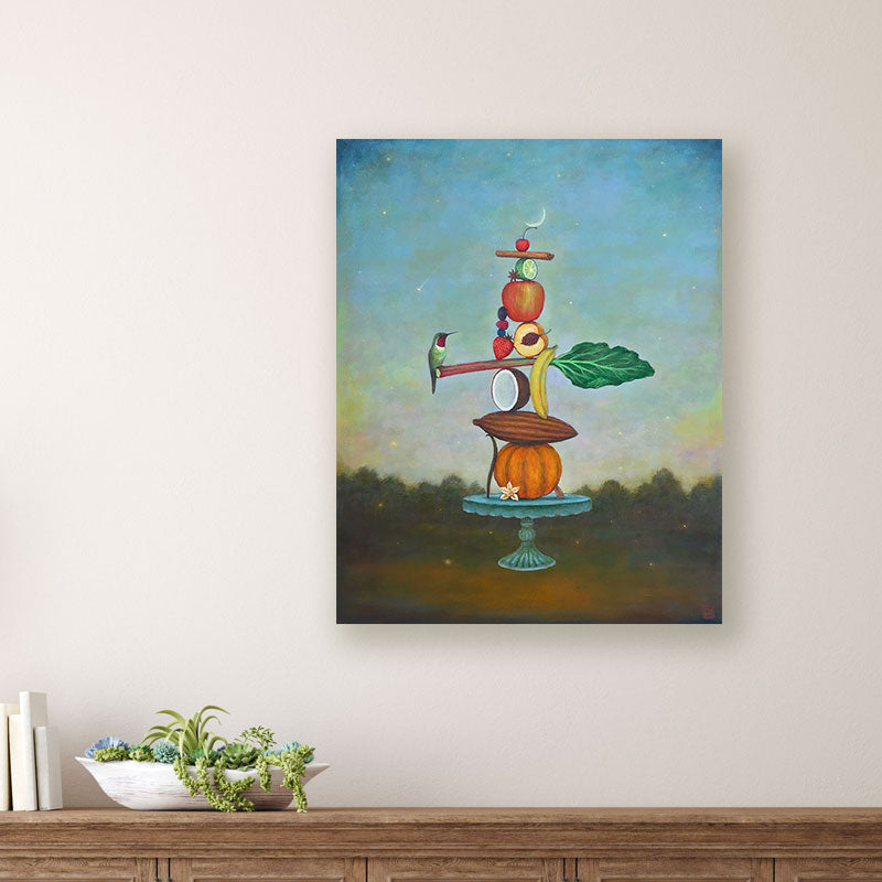 Sweet Surrender painting by Charlotte NC artist Duy Huynh. A tower of fruits and spices, often used in baking, balanced on a cake plate. It sits in front of tree filled landscape, underneath a starry night sky with a crescent moon. 
