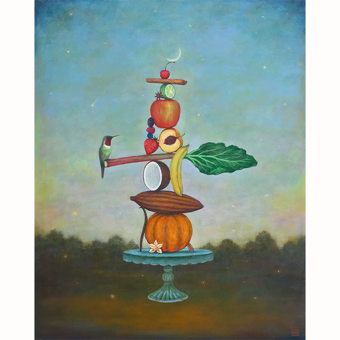 Sweet Surrender painting by Duy Huynh. A tower of fruits and spices, often used in baking, balanced on a cake plate. 